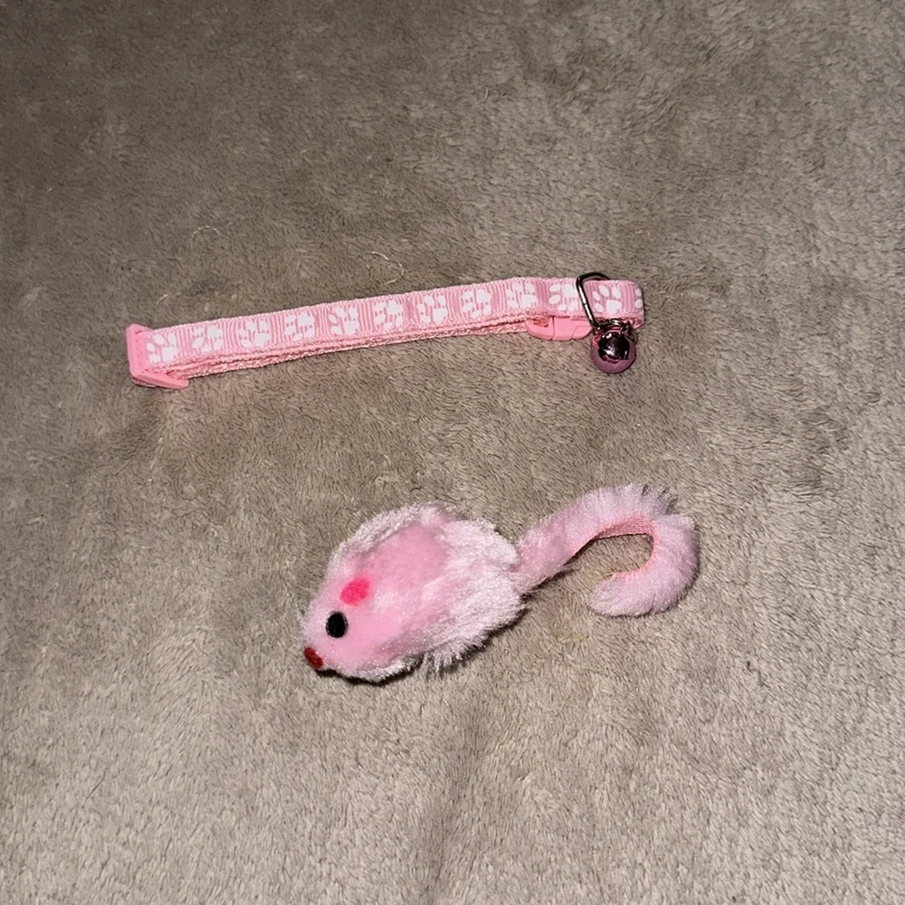 Cat bundle adjustable pink collar with paw print and pink toy mouse New